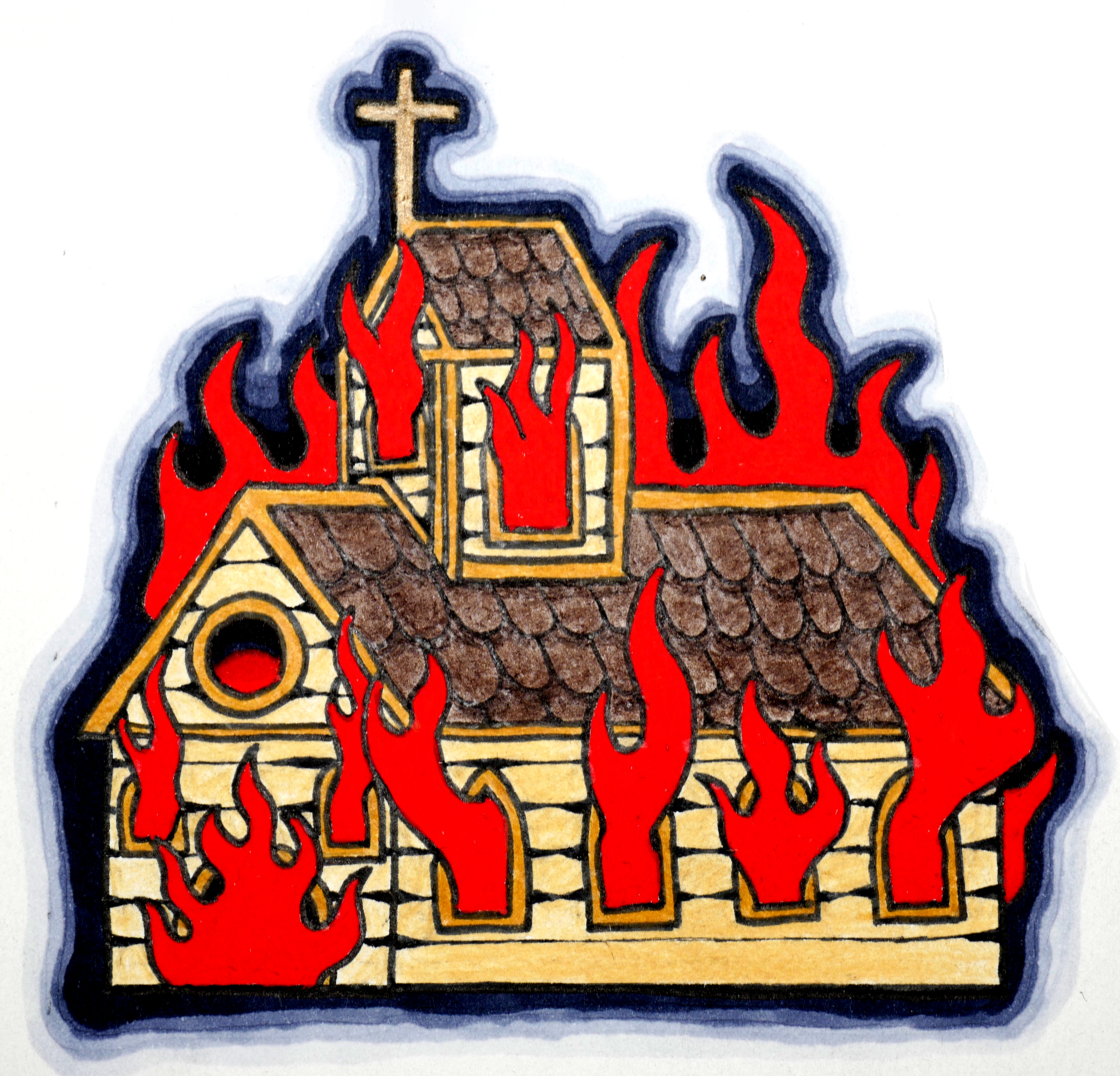 Burning church — traditional tattoo flash, coloured