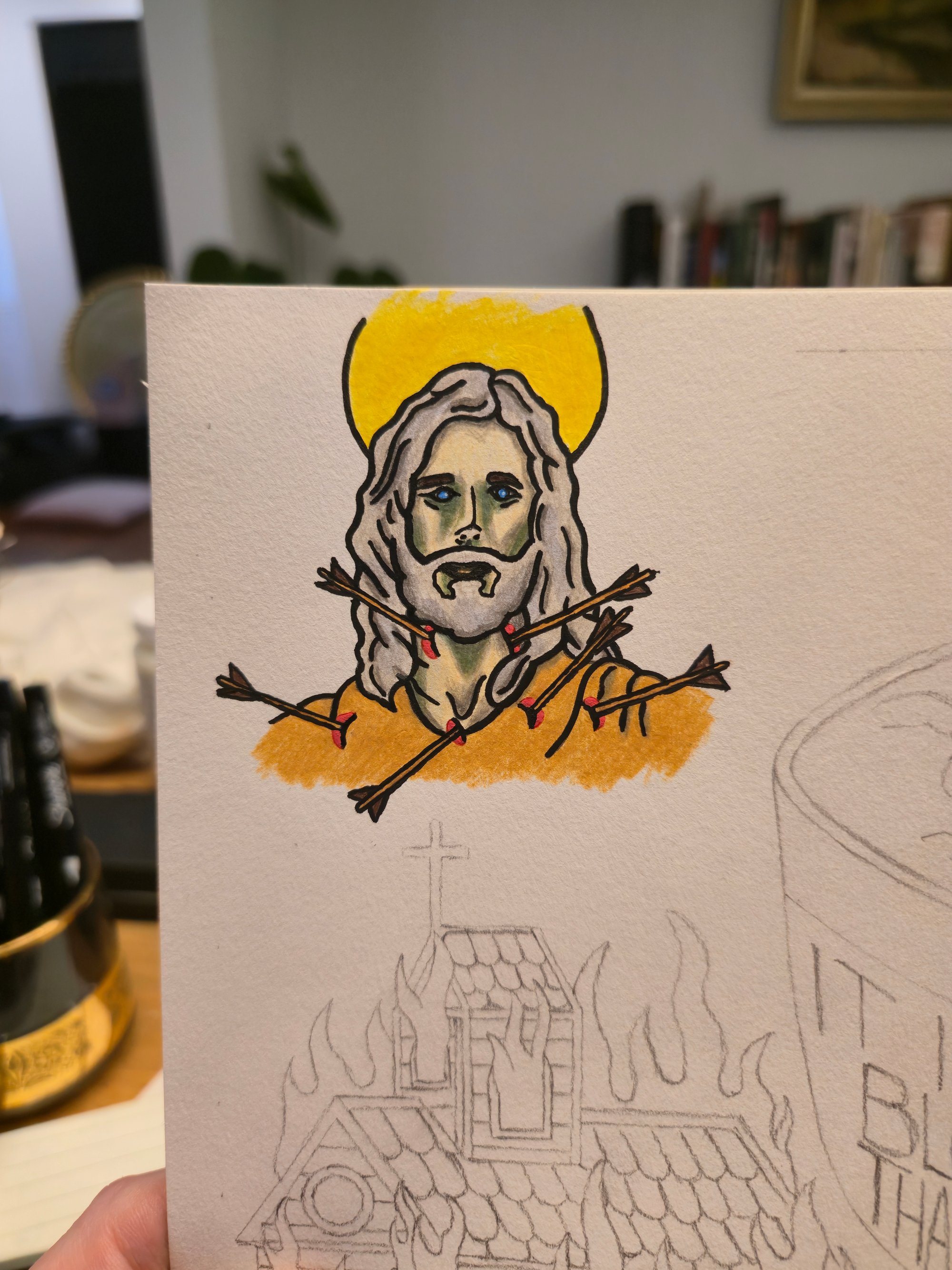 Severed head with arrows — traditional tattoo flash